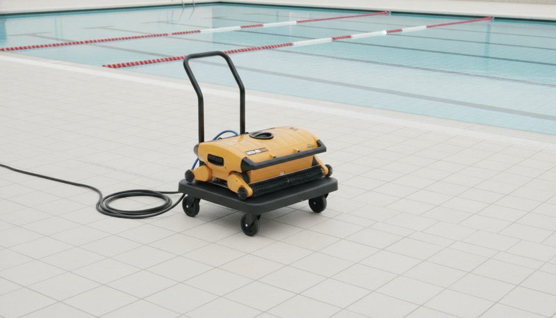 Robot de piscină de nivel comercial, pe căruciorul propriu de transport, lângă un bazin comercial cu culoare marcate