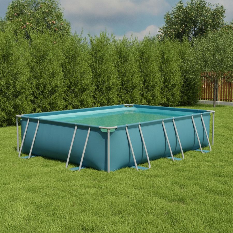 Piscină supraterană cu cadru metalic, montată pe gazon într-o curte rezidențială cu gard viu de tuia