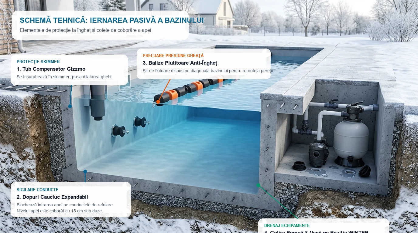 Secțiune tehnică a iernării pasive a piscinei: nivelul apei coborât sub duzele de refulare, dop Gizzmo în skimmer și balize plutitoare semi-scufundate