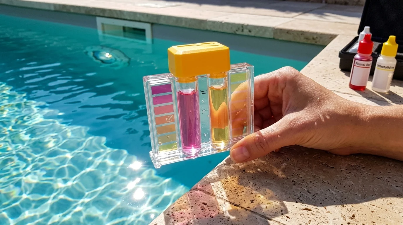 Testarea manuală a apei din piscină cu kit colorimetric pentru măsurarea nivelului de pH și clor liber