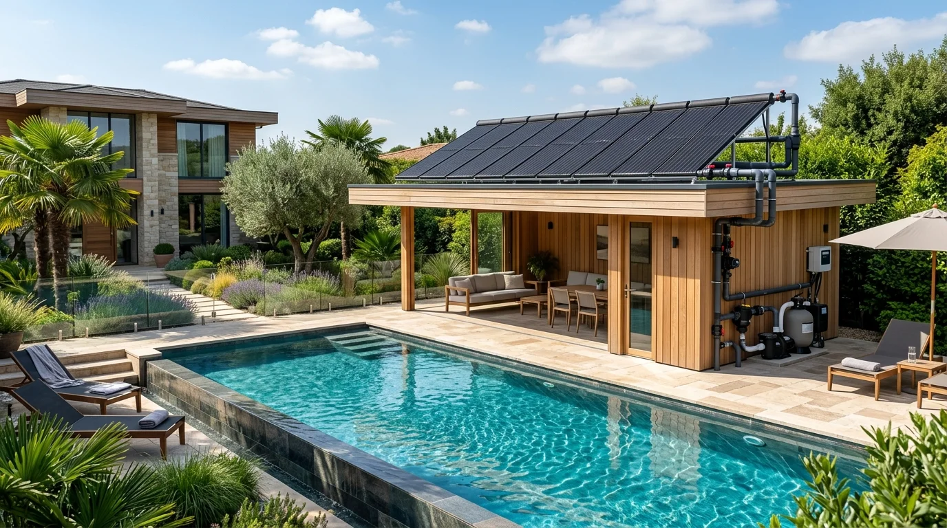 Sistem de panouri solare termice montate pe pergola terasei pentru încălzirea apei din piscină