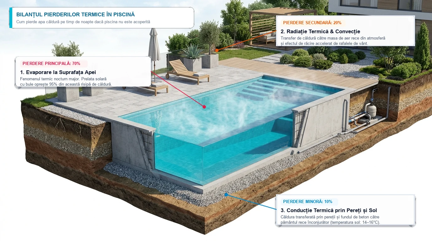 Bilanțul pierderilor termice dintr-o piscină exterioară: evaporare la suprafață, radiație nocturnă și transfer termic