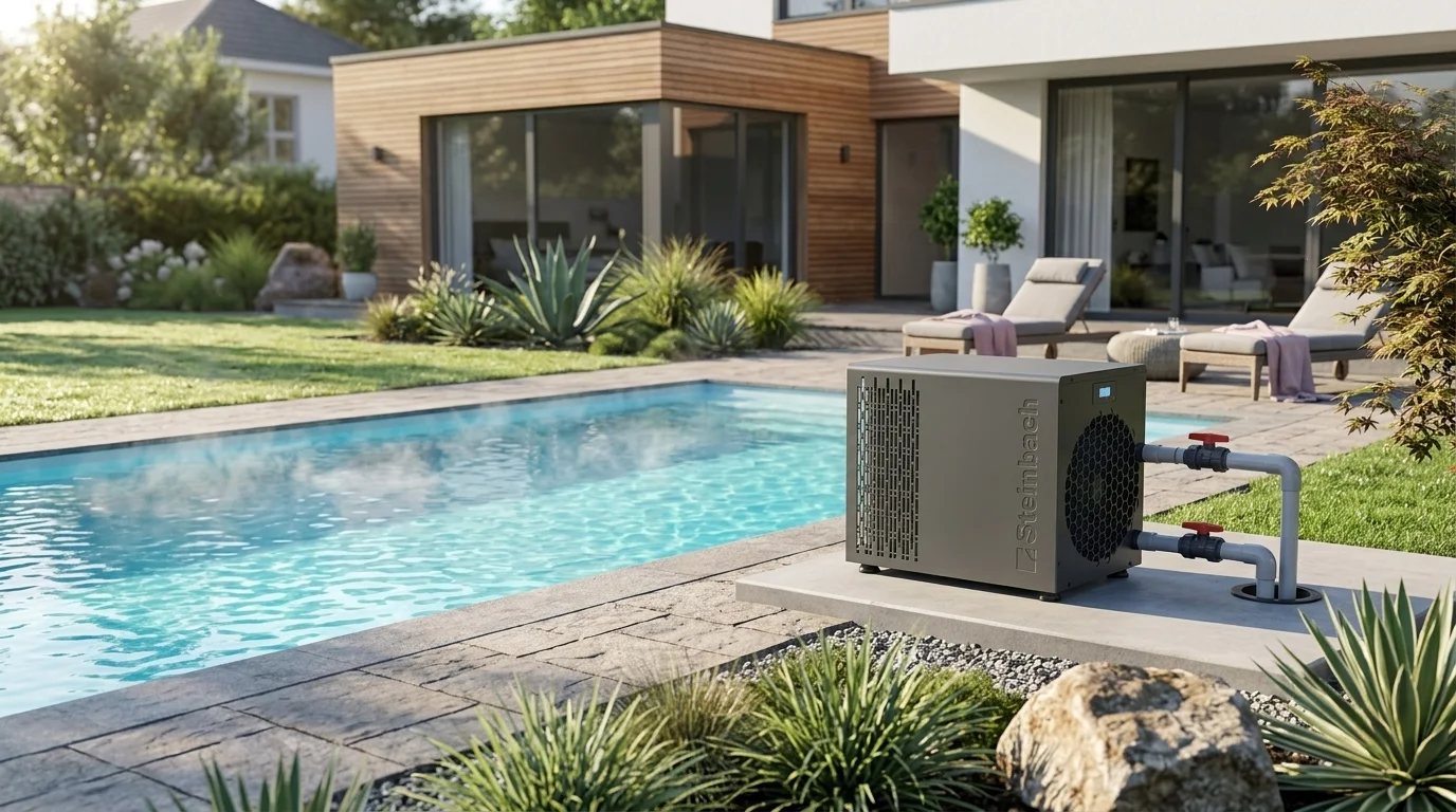 Pompă de căldură Full Inverter pentru piscină instalată la exterior pe soclu de beton cu sistem bypass